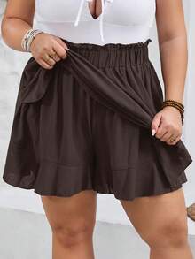 SHEIN CURVE+ Curve Size US22Music Festival, Seaside Vacation, Bohemia Women Solid Color Ruffle Hem Loose Shorts - Brown - View 10