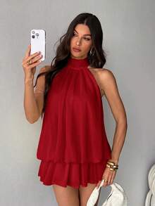SHEIN Tall 女款優雅紅色掛脖綁帶迷你洋裝，適合派對、約會，秋冬/春夏皆宜，女款優雅洋裝 - 紅色 - 查看 4