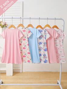 [2套隨機發貨]女童居家服 春/夏/秋 短袖長褲家居服套裝，夏季舒適親膚多款風格少女甜美櫻桃熊印花格紋條紋家居服套裝，兒童可愛甜美風格睡衣居家服，兒童寬鬆舒適防蚊長褲睡衣 - 彩色 - 查看 2