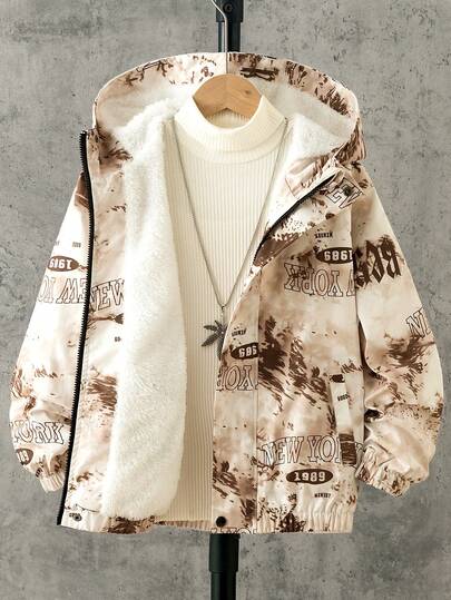 SHEIN Tween Boy Letter Print Hooded Casual Daily Long Sleeve Jacket