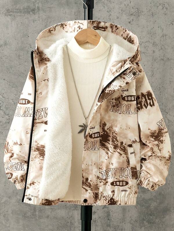 SHEIN Tween Boy Letter Print Hooded Casual Daily Long Sleeve Jacket