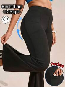 Dewbera Dewbera Women's Plus Size Solid Color Pocket Athletic Flare Leggings Gym Sports Black Summer - Black - View 1