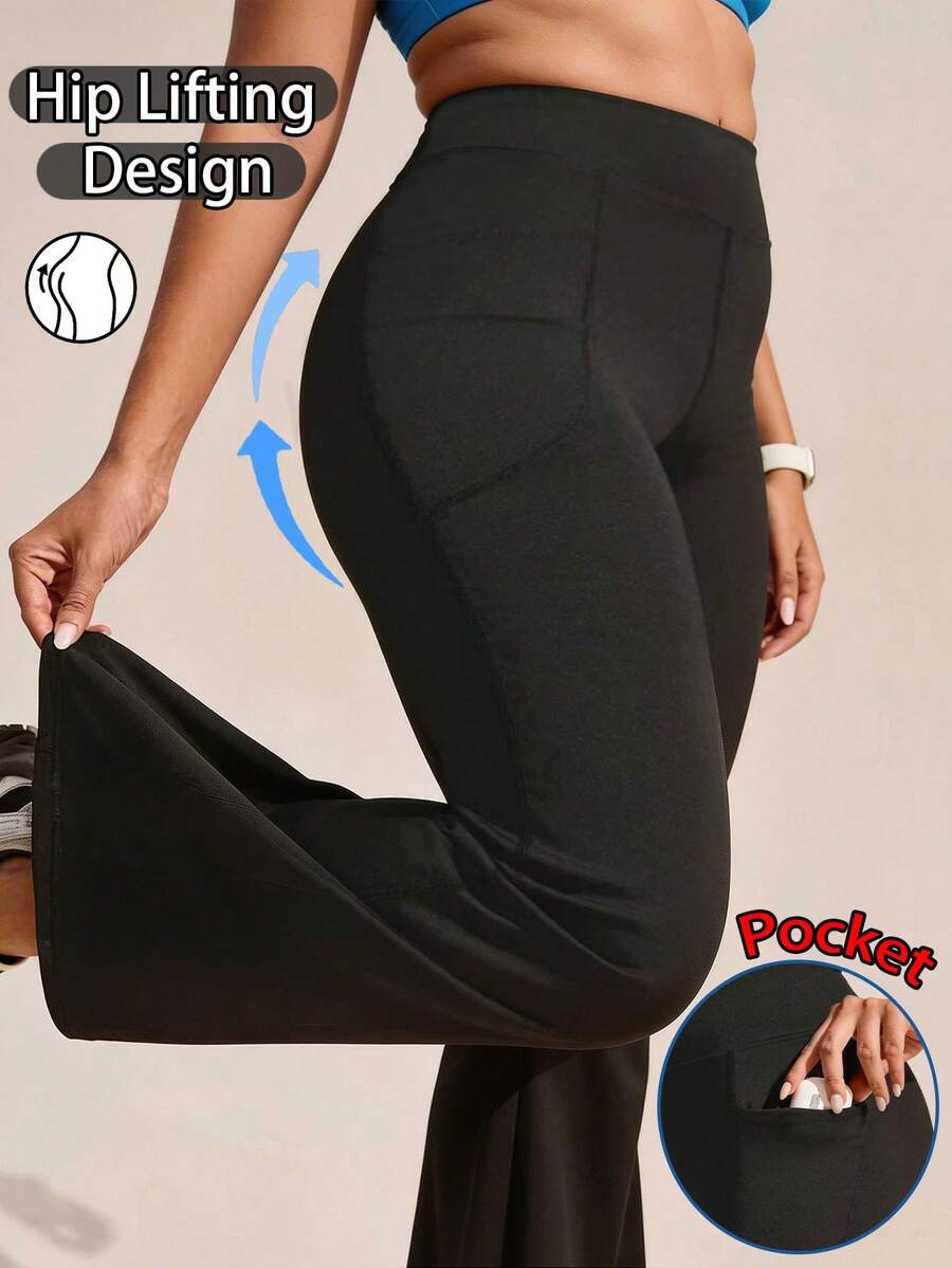 Dewbera Dewbera Women's Plus Size Solid Color Pocket Athletic Flare Leggings Gym Sports Black Summer - Black - View 1