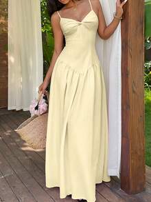 Sunnyshic Women's Solid Color Knot Design Elegant Spaghetti Strap Dress - Light Yellow - View 3