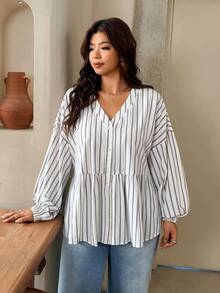 SHEIN Frenchy 大尺碼女款 V 領條紋休閒百搭日常襯衫 - 彩色 - 查看 6