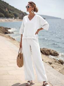 Faunlyn Women's Solid Color V-Neck Top And Long Pants Casual Minimalist Tropical Daily Vacation 2 Pieces Set All White Autumn - White - View 7