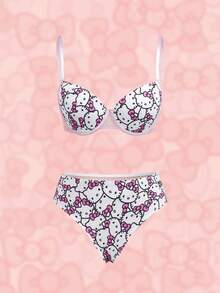 HELLO KITTY AND FRIENDS | SHEIN Set Lingerie Wanita Modis dengan Bra Motif Kartun Lucu dan Celana Dalam Segitiga Renda Patchwork - Berwarna merah muda - View 3