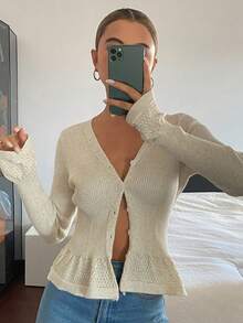 DAZY Cardigan Liburan Musim Semi/Gugur Elegan untuk Wanita dengan Motif Bunga, Pinggang Pas, Hem Berumbai, Lengan Panjang, dan Leher V - Aprikot - View 3