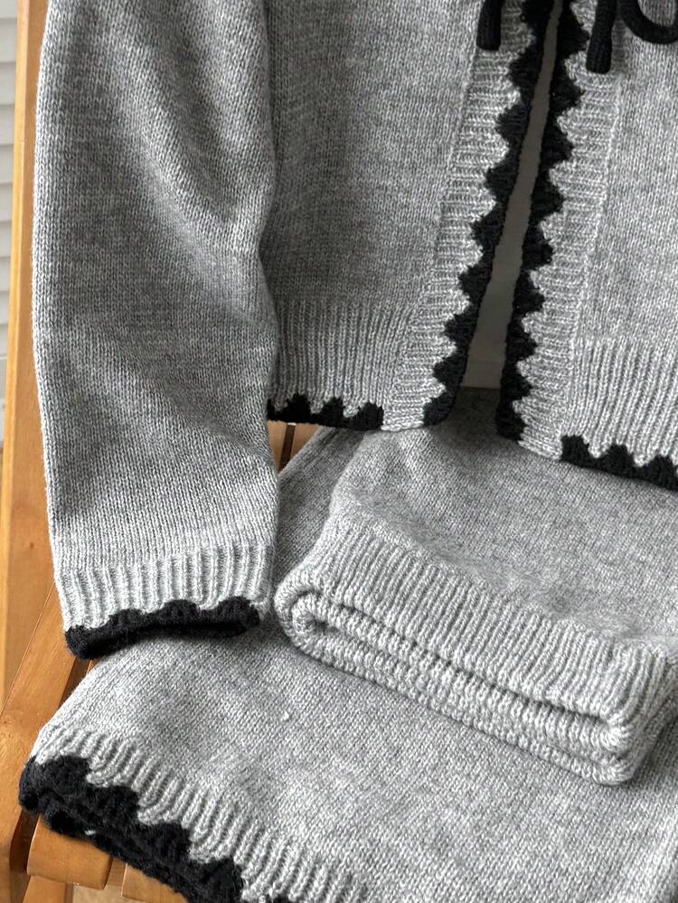 SHEIN Tween Girls Gray Patchwork Hem Cardigan Front Button Long Sleeve Casual Sweater And Pants 2pcs Set - Grey - View 7