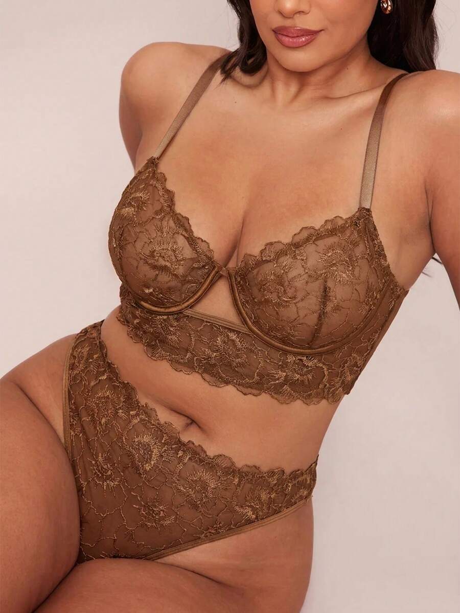 SHEIN BAE CURVE 2 件大码女式黑色刺绣内衣套装,镂空透视薄款长款有骨内衣套装 - 咖啡棕 - 查看 1