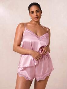 SHEIN BAE CURVE 蕾丝边缎面吊带背心和短裤睡衣套装/睡衣套装 - 粉色 - 查看 6