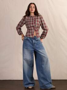 Easelle Vintage Retro Bohemian High Neck Cinched Waist Plaid Women's Blouse Everyday Day Time Dark Teal Autumn - Multicolor - View 4