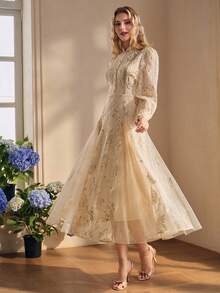 Anewsta Women's Long Sleeve Elegant Lady Embroidered Fabric Mid-Length Mesh Dress - Beige - View 3
