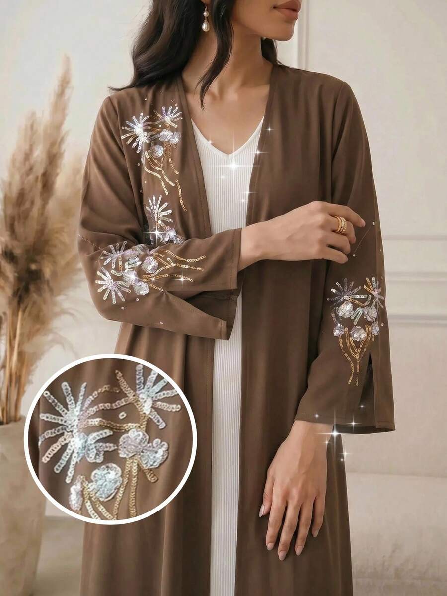 Al Najma 女款花卉亮片長袖優雅阿拉伯式長袍 - 棕色 - 查看 1