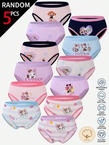 SHEIN [5 Random Piece] Girls Cotton Panties, Rabbit & Dancing Girls Prints, Multi-Color, Soft Fabric, All Seasons Daily Wear For Little Toddlers - Multicolor - View 1