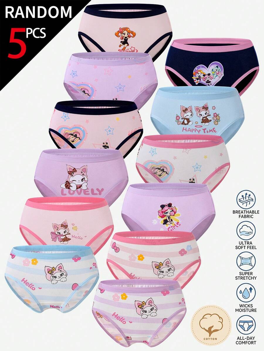 SHEIN [5 Random Piece] Girls Cotton Panties, Rabbit & Dancing Girls Prints, Multi-Color, Soft Fabric, All Seasons Daily Wear For Little Toddlers - Multicolor - View 1