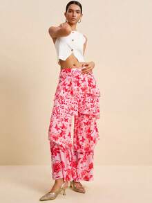 LOTSLUV Women's Early Autumn Vacation Elegant, Pink And Red Floral Print, Four-Layer Ruffle Split Flowy Long Pants,Summer Trousers,Women's Pants - Pink - View 6