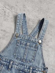 SHEIN Kids Boys' Black Denim Loose Fit Cross Pattern Overalls Shorts - Light Wash - View 3