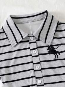 Tween Girl Striped Button Half-Placket Short Sleeve Casual Romper Back To School Randomly Sent 1pc - Grey - View 6