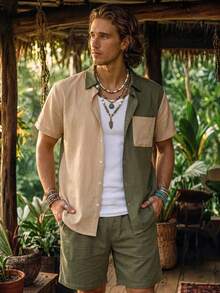 Genlund Plus Size Men's Color Block Shirt And Shorts Beach Outfit Plus Size Men Short Sets Men Short Sets Vacation Men's Summer Clothes Set, Holiday - Multicolor - View 4