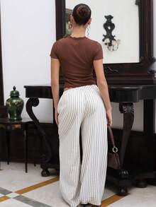 juhmazzocco Loose Blue And White Stripe Wide-Leg Pants With Front Tie, Casual Wear Vacation Autumn - Beige - View 2