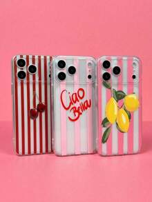 ShellaStory Menawarkan 3 Casing Ponsel TPU Transparan, Tahan Gores, dan Lembut, dengan Garis-garis Cetak UV, Garis-garis Merah Muda, dan Pola Huruf Cherry Lemon. - MultiWarna - View 1