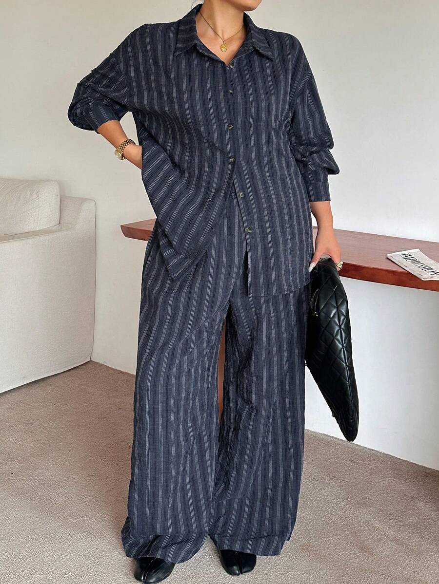 Dazy Plus Western Style Beach Vacation Solid Color Faux Denim Linen Loose Minimalist Spring/Autumn Plus Size Women 2-Piece Set - Navy Blue - View 1