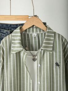 SHEIN 青少年女孩返校季秋冬上衣，鼠尾草綠垂直條紋鈕扣襯衫，馬刺繡翻領寬鬆休閒上衣外套 - 綠色 - 查看 3