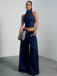 Hauture Women's Sexy Casual Office High Mock Drape Neck Backless Blazer Best Top - Navy Blue - View 5