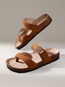 Solecia Women's Adjustable Buckle Casual Beach Slippers For Christmas Summer Shoes - Camel flannel - View 6