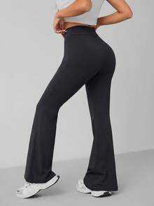 SHEIN PETITE 女款純色高腰休閒百搭日常喇叭褲 - 深灰色 - 查看 2