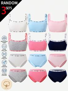 [3 Random Sets] Tween Girls Traceable Cotton Camisole And Triangle Bra Set, Solid Textured Fabric Offered In Six Gentle Assorted Pastel Shades - Multicolor - View 3