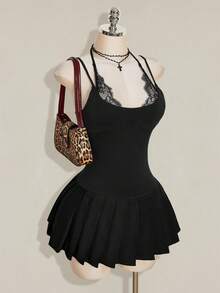 SHEIN ICON Y2K 女款黑色蕾絲拼接性感迷你洋裝，適合約會與外出穿搭 - 黑色 - 查看 1