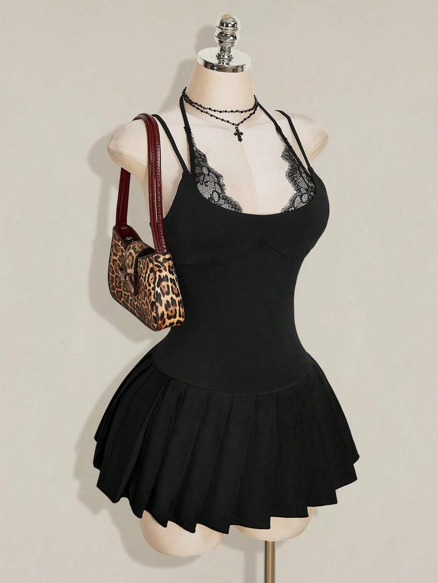SHEIN ICON Y2K 女款黑色蕾絲拼接性感迷你洋裝,適合約會與外出穿搭 - 黑色 - 查看 1