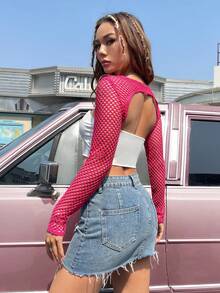 SHEIN ICON 1pc Fishnet Mesh Super Crop Top Without Tube Top - Hot Pink - View 2