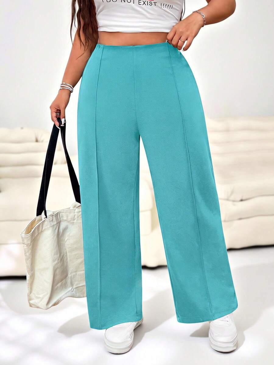 SHEIN EZwear 女款大尺碼鴨藍色純色高腰寬腿鬆身長褲 - 水鴨藍 - 查看 1