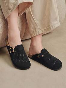 Solecia Women's Shoes Spring And Summer Versatile Wheat Ear Embroidery Adjustable Buckle Round Toe Flat Bottom Soft Suede Closed Toe Slippers Daily Travel - Black - View 11