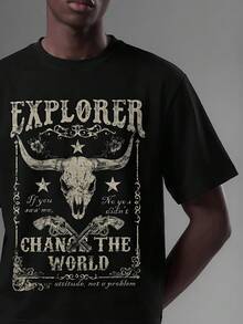 Salvezio American Vintage Western Cowboy Poster Fashion Print Pattern Men's Black Standard Size Drop Shoulder Short Sleeve T-Shirt - Black - View 4