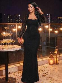Auveirra 大碼女士優雅蕾絲長袖連衣裙，黑色冬季正式晚禮服，方領魚骨緊身婚禮舞會派對禮服秋季 - 黑色 - 查看 4