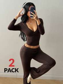 Coolane Setelan Wanita Musim Gugur untuk Beraktivitas di Luar Ruangan, Bahan Elastis, untuk Gym dan Yoga, Terdiri dari Kaos Lengan Pendek dan Celana Legging, 2 Potong/Dua Potong - Coklat - View 5