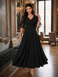 SHEIN Lady CURVE Plus Size Solid Color V-Neck Mesh Patchwork Elegant Dress Black Dress Formal Dress Elegant Dresses For Women Festival Outfits Summer - Black - View 3