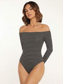 SHEIN BASICS Women's Striped Off-Shoulder Long Sleeve Bodysuit - Black and White - View 5