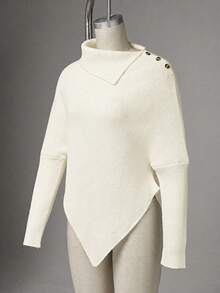 GlowEve Slouchy Elegant Semi-High Neck Batwing Sleeve Asymmetrical Slimming Knit Top Office Work Tea Party Brunch Off-White Fall - Apricot - View 5