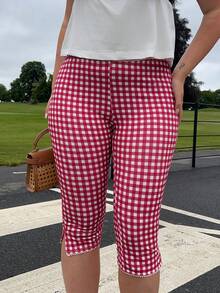 kyraskinnerx Women's Red Plaid Knit Elastic Leggings Summer - Red and White - View 5