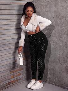 Slaydiva Plus Size Women's Rhinestone Embellished Casual Daily Wear Jeans - Black - View 5