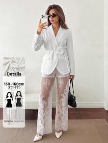 SHEIN PETITE Women's 3D Floral Decor Long Sleeve Top And Lace Long Pants Casual Daily 2 Pieces Set - White - View 2