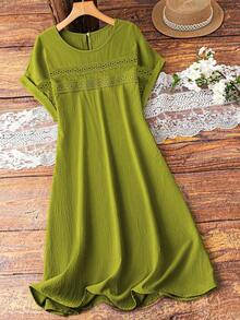 EMERY ROSE Plus Size Summer Casual Woven Fabric Knee Length Dress With Plain Pattern And Flared Hem Short Sleeves - Yellow - View 4