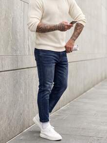 KRYTIVO Men's Plus Size Classic Dark Blue Slim Fit Retro Casual Versatile  Stretchy Denim Jeans Modify Slender Legs - Blue - View 3