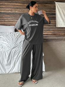 Dazy Plus Letter Print Loose Short Sleeve Casual Pants 2-Piece Set Spring Summer Autumn Grey Pajama Set - Dark Grey - View 1