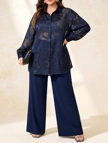 Chikora Plus Size Women's Printed Round Neck Batwing Sleeve Top Solid Straight Leg Pants With Pockets 2-Piece Set Dinner Formal Navy Blue Autumn Elegant Fall - Blue - View 2